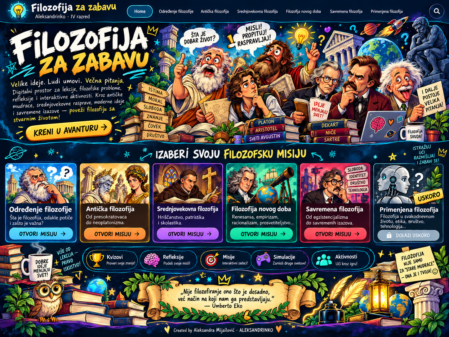 Filozofija za zabavu — ilustrovana početna strana sa filozofskim misijama