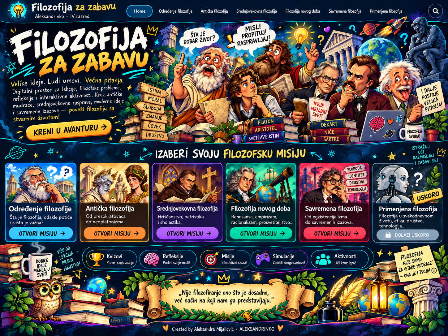 Filozofija za zabavu — ilustrovana početna strana sa filozofskim misijama